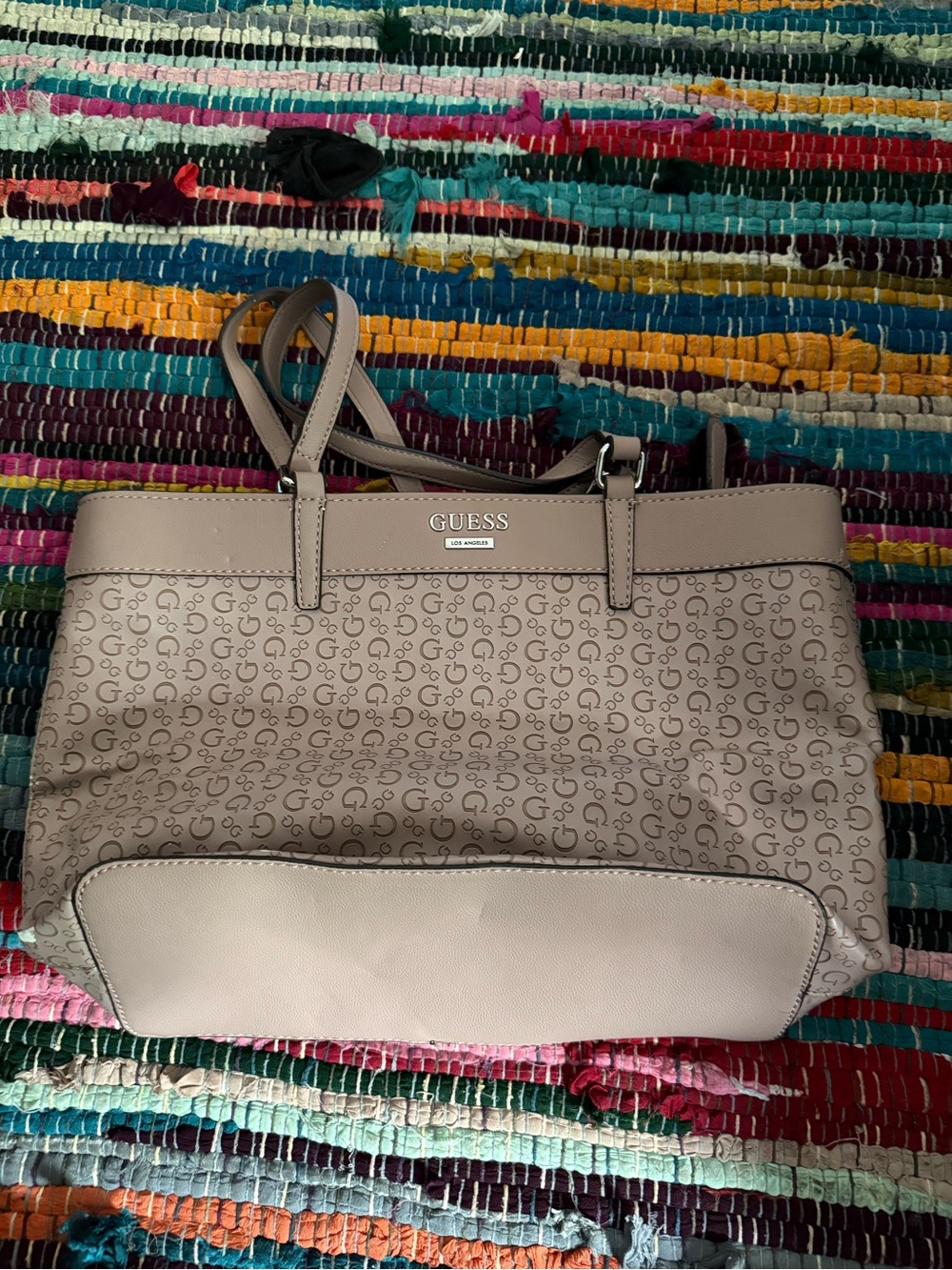 GUESS Taupe Logo-Print Tote with Pale Beige Trim